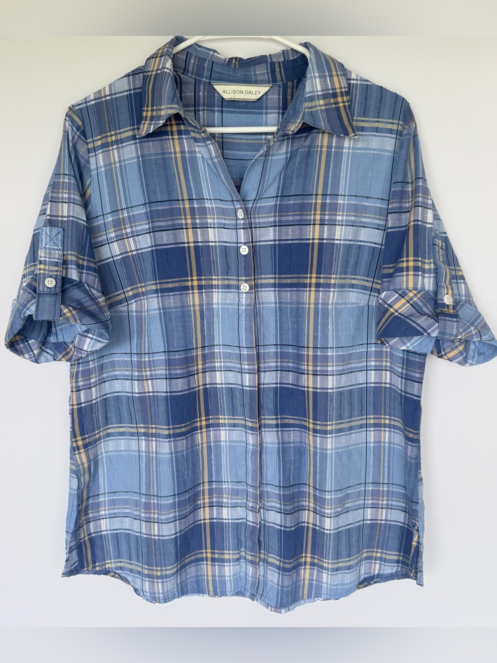 Allison Daley Light Blue Plaid Textured Shirt Bottom Buttons Covered